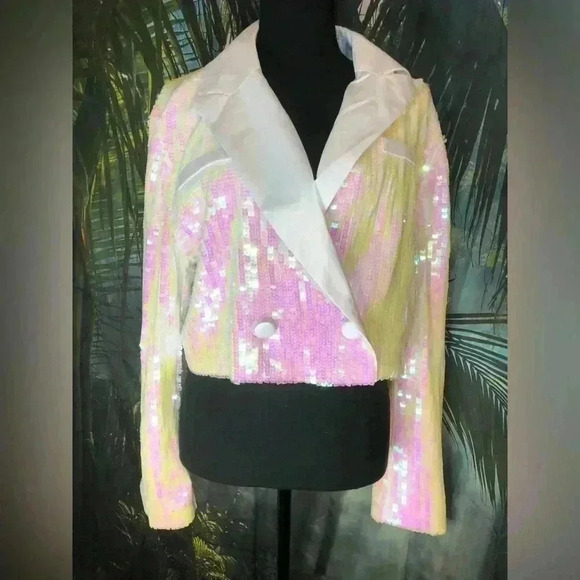 Womens Cropped Sequin White blazer - Picture 3 of 16